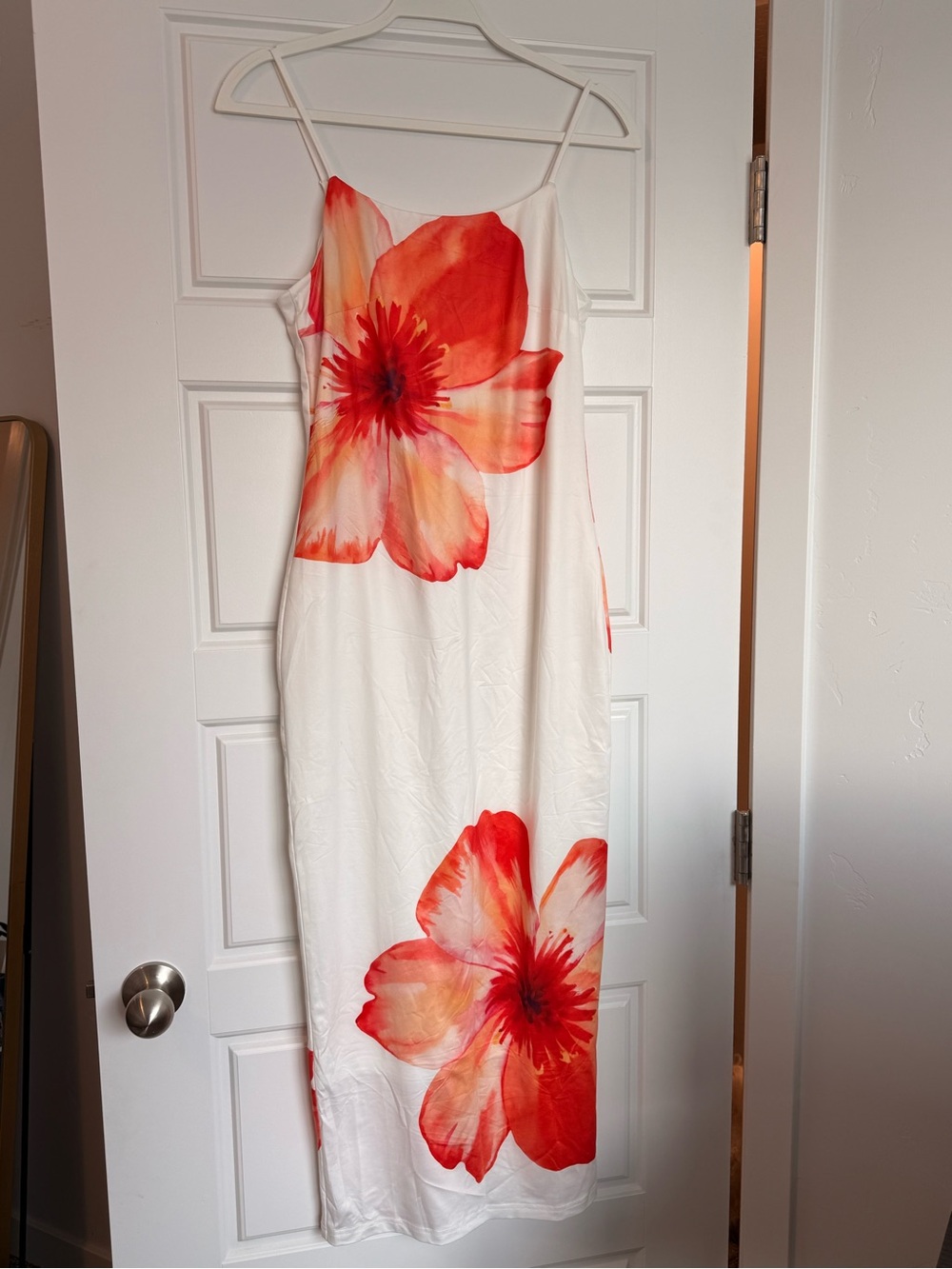 White Maxi Slip Dress with Coral Floral Print